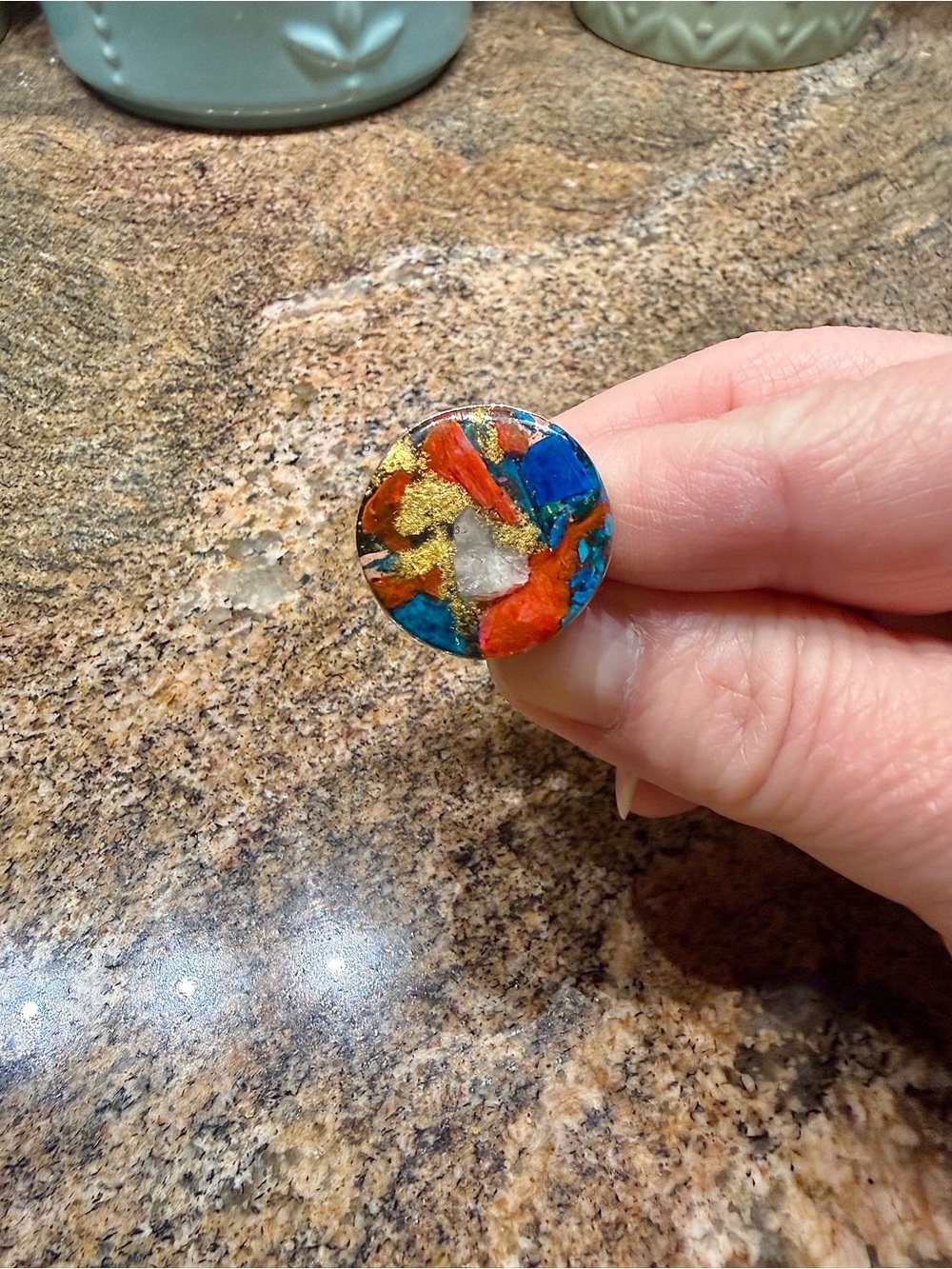 Spiny Oyster, Turquoise Eclectic Silver Artisan Ring, Size 8 (Red, Blue, Gold) - Picture 8 of 9